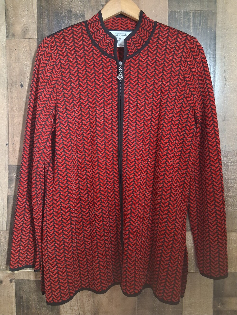Exclusively Misook Jacket Medium Long Sleeve Career Blazer Red Black Chevron - Picture 1 of 7